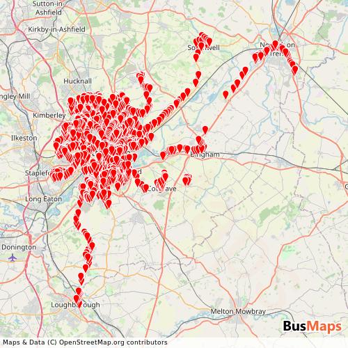 Transit Data for United Kingdom by Nottingham City Transport with Stops on Map