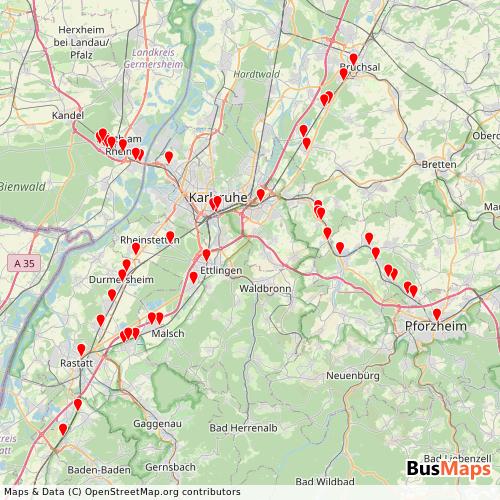 Transit Data for Germany by Stadtbahn Karlsruhe Sev with Stops on Map