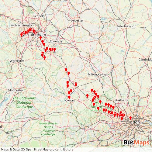 Transit Data for United Kingdom by Chiltern Railways with Stops on Map