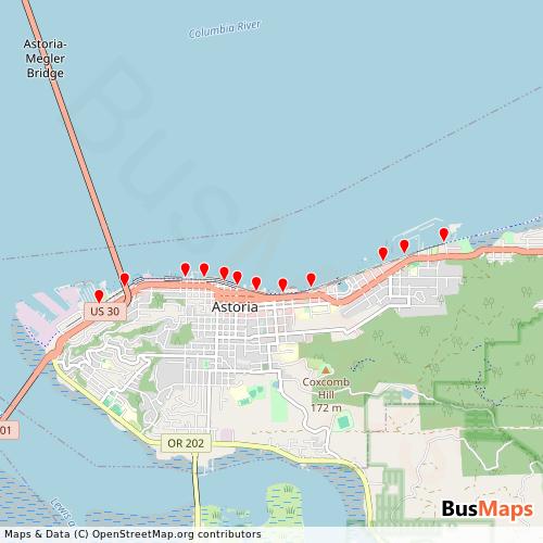 Transit Data for United States by Astoria Riverfront Trolley with Stops on Map