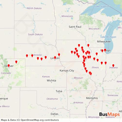 Transit Data for United States by Burlington Trailways with Stops on Map
