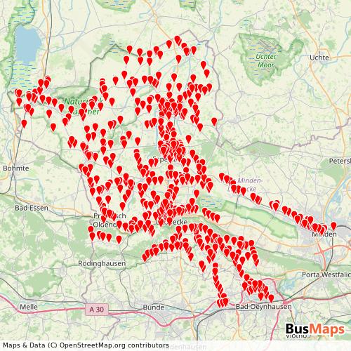 Transit Data for Germany by Lübbecke A with Stops on Map