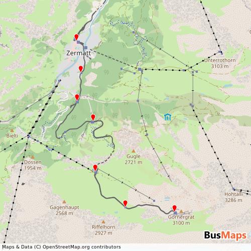 Transit Data for Switzerland by Gornergratbahn with Stops on Map