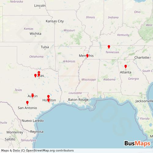 Transit Data for United States by Vonlane Bus with Stops on Map