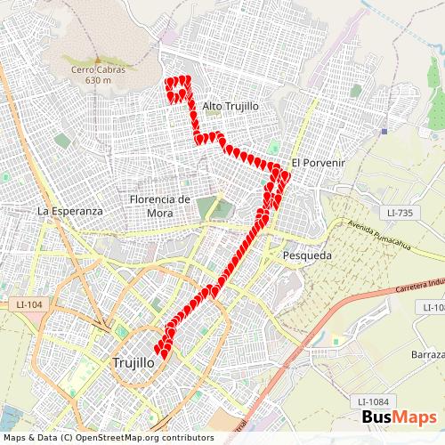Transit Data for Peru by Huracan S.A.C. with Stops on Map