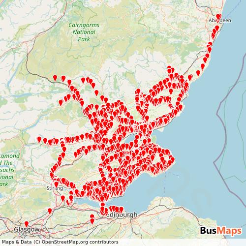 Transit Data for United Kingdom by Stagecoach East Scotland with Stops on Map