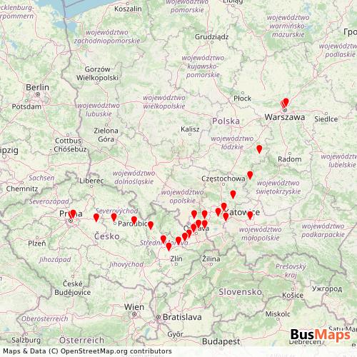 Transit Data for Poland by Leo Express with Stops on Map
