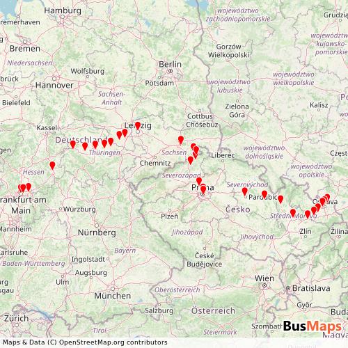 Transit Data for Czech Republic by LEO Express with Stops on Map