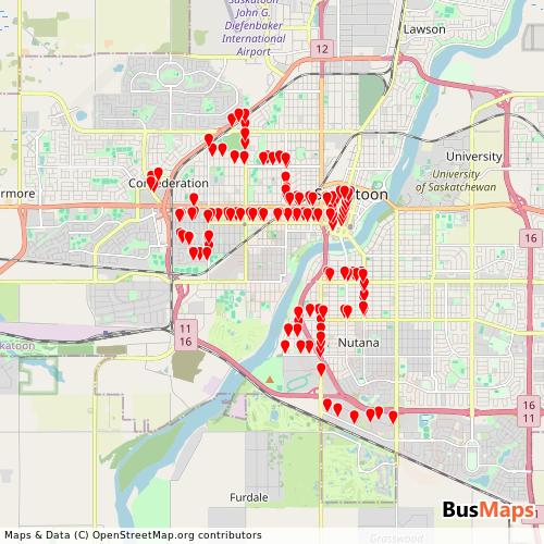 Transit Data for Canada by Saskatoon Transit with Stops on Map