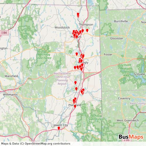 Transit Data for United States by Northeastern Connecticut Transit District with Stops on Map
