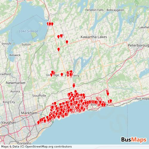 Transit Data for Canada by Durham Region Transit with Stops on Map