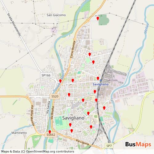 Transit Data for Italy by Comune DI Savigliano with Stops on Map