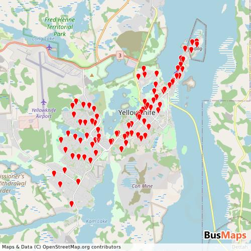Transit Data for Canada by Yellowknife with Stops on Map
