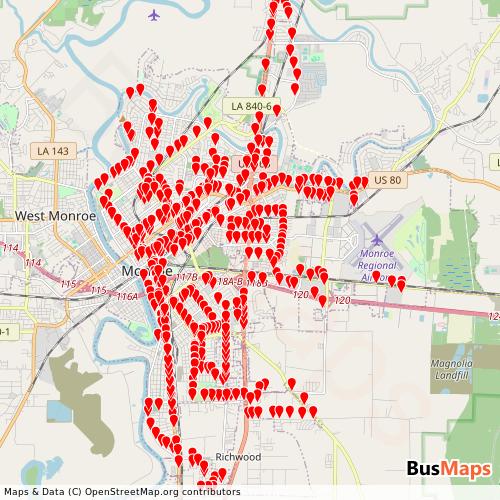 Transit Data for United States by Monroe Transit with Stops on Map