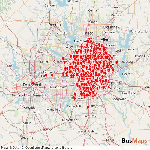Transit Data for United States by Dallas Area Rapid Transit with Stops on Map
