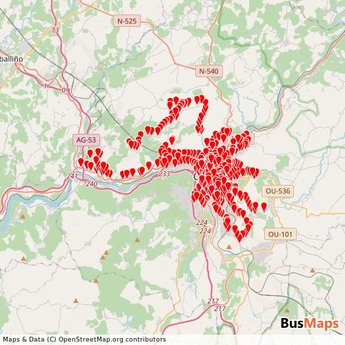 Transit Data for Spain by Urbanos de Ourense with Stops on Map