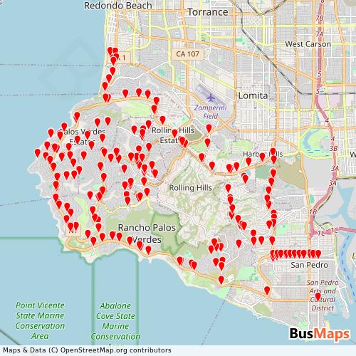 Transit Data for United States by Palos Verdes Peninsula Transit Authority with Stops on Map