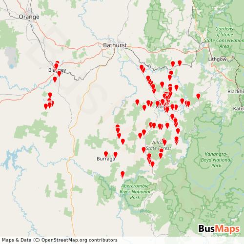 Transit Data for Australia by Oberon Bus Service with Stops on Map