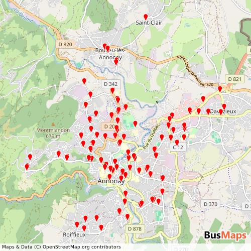Transit Data for France by Annonay - Coqueligo with Stops on Map
