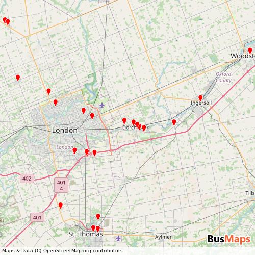 Transit Data for Canada by Middlesex County Connect with Stops on Map