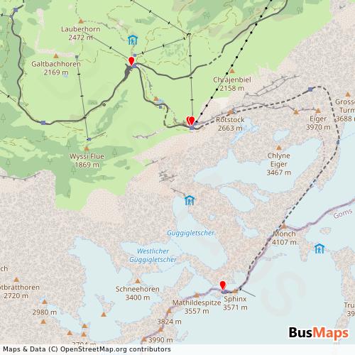 Transit Data for Switzerland by Jungfraubahn with Stops on Map