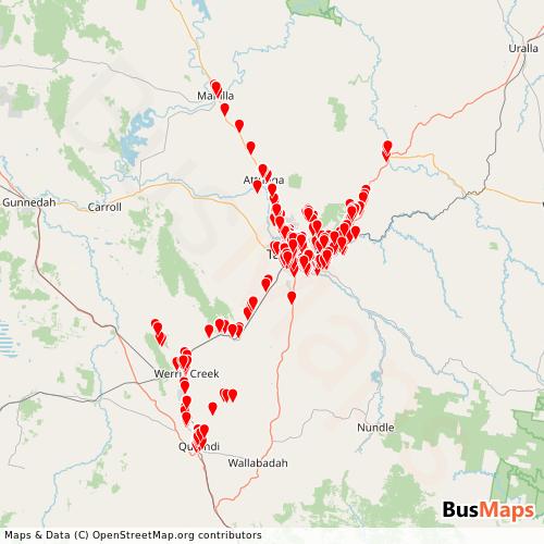 Transit Data for Australia by Tamworth Buslines with Stops on Map