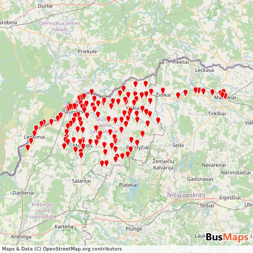 Transit Data for Lithuania by Skuodo r. sav. with Stops on Map