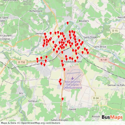 Transit Data for France by Transcom (Grand Cognac) with Stops on Map