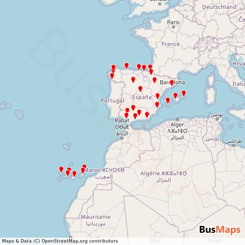 Transit Data for Spain by Iberia with Stops on Map
