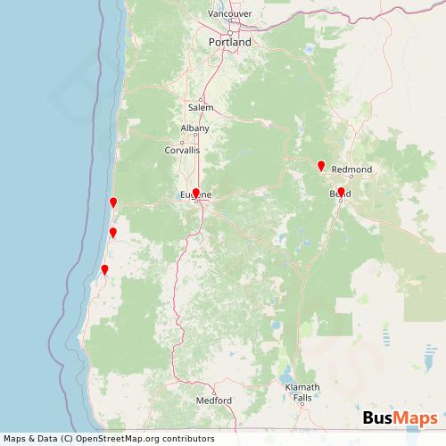 Transit Data for United States by Eugene to Bend with Stops on Map