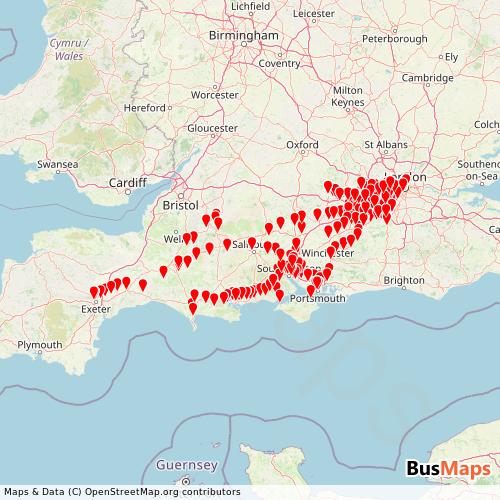 Transit Data for United Kingdom by South Western Railway with Stops on Map