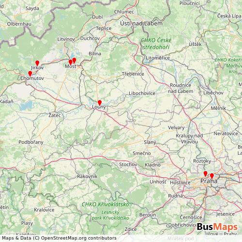 Transit Data for Czech Republic by Student Agency k.s. with Stops on Map