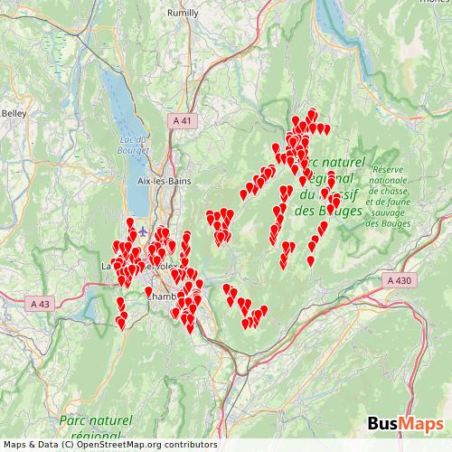 Transit Data for France by Synchro Bus Chambéry with Stops on Map