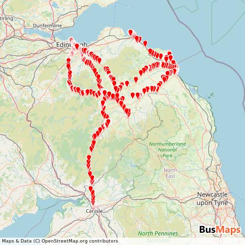 Transit Data for United Kingdom by Borders Buses Limited with Stops on Map