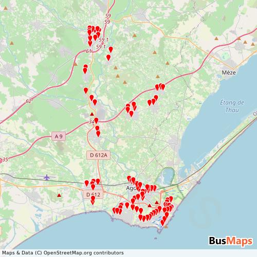 Transit Data for France by Carpostal Agde with Stops on Map