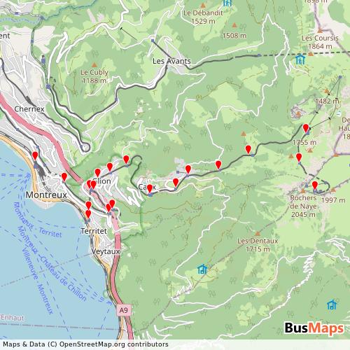 Transit Data for Switzerland by Montreux-Vevey-Riviera (mtgn) with Stops on Map