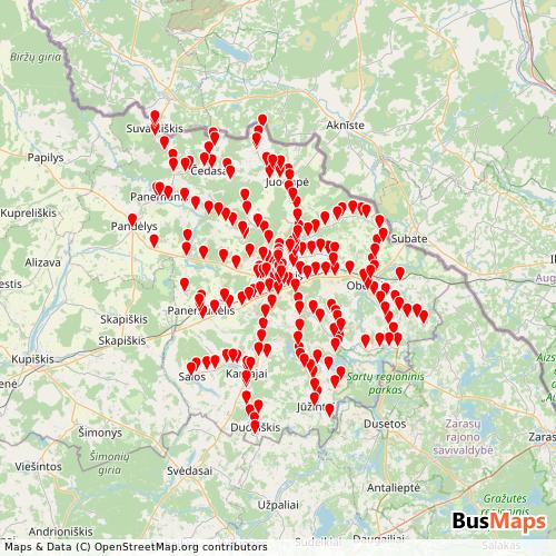 Transit Data for Lithuania by Rokiškio r. sav. with Stops on Map