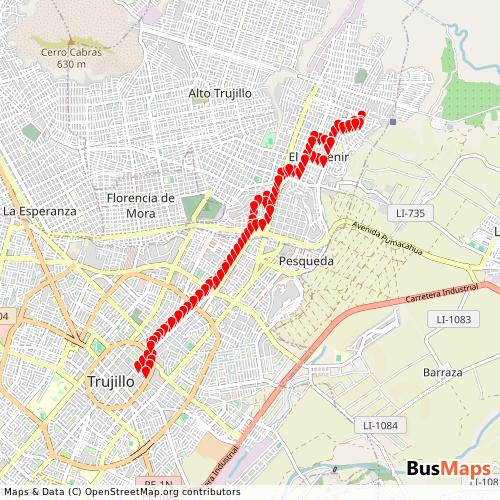 Transit Data for Peru by Serv. Generales nuevo Gran Chimu with Stops on Map