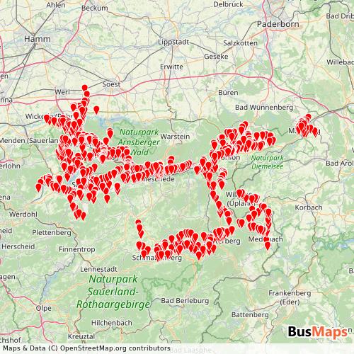 Transit Data for Germany by RLG Hochsauerlandkreis with Stops on Map
