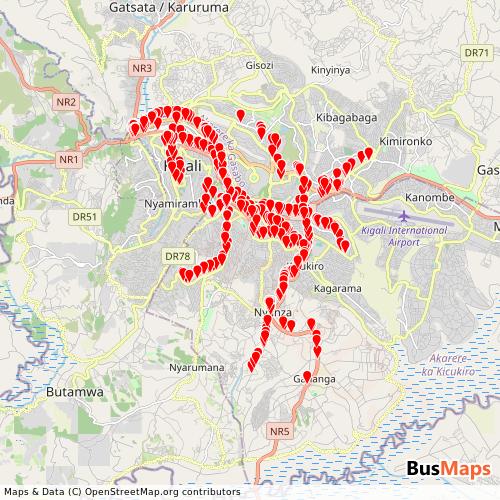 Transit Data for Rwanda by Royal Express with Stops on Map