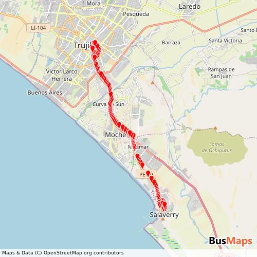 Transit Data for Peru by Serv. Generales Salaverry S.R.L. with Stops on Map