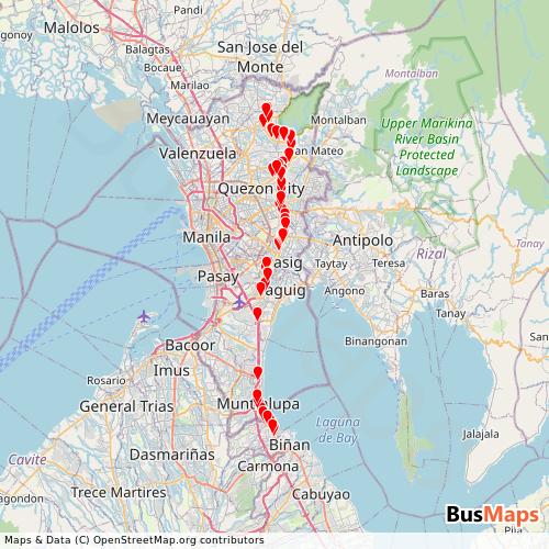 Transit Data for Philippines by Worthy Transport Inc. with Stops on Map