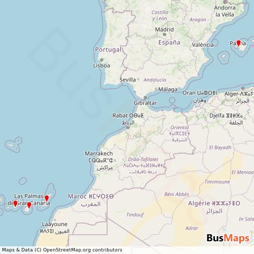 Transit Data for Spain by Sundair Gmbh with Stops on Map