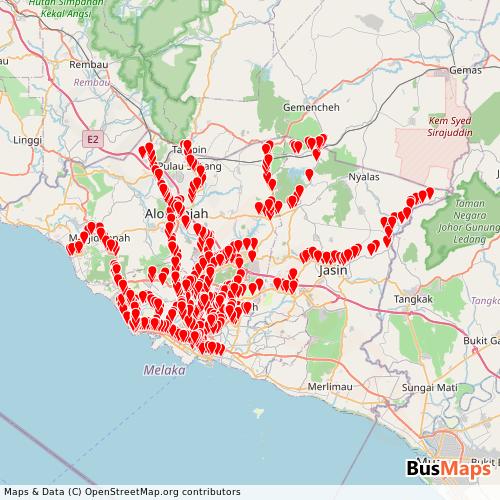 Transit Data for Malaysia by Bas.My-Melaka with Stops on Map