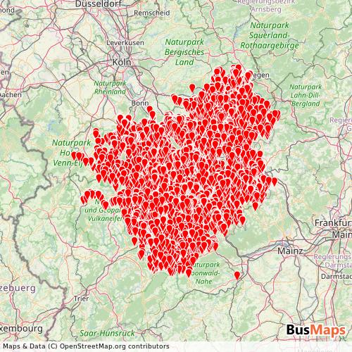 Transit Data for Germany by Verkehrsverbund Rhein-Mosel with Stops on Map