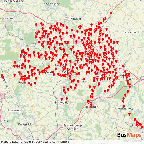 Transit Data for Germany by Regiobus Mittelsachsen with Stops on Map