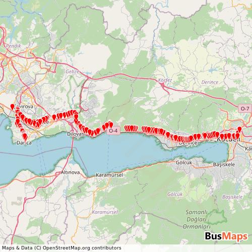 Transit Data for Turkey by 141 Nolu Gebze with Stops on Map
