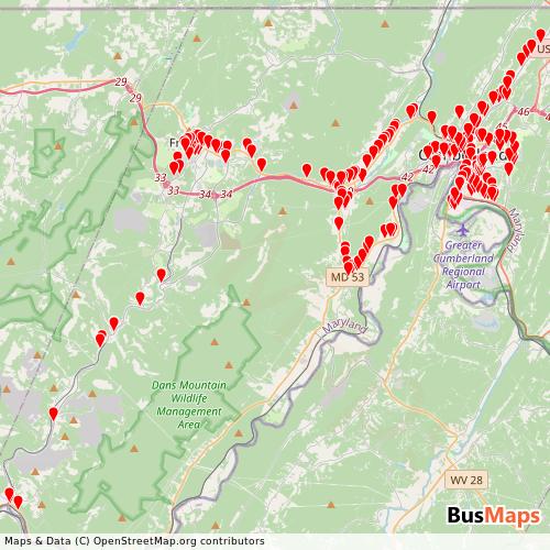 Transit Data for United States by Allegany County Transit with Stops on Map