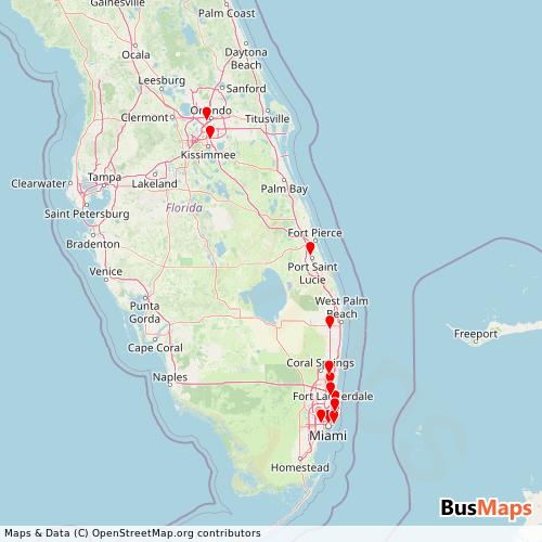 Transit Data for United States by Jet Set Express with Stops on Map