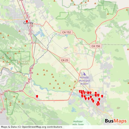 Transit Data for United States by San Benito County Express with Stops on Map